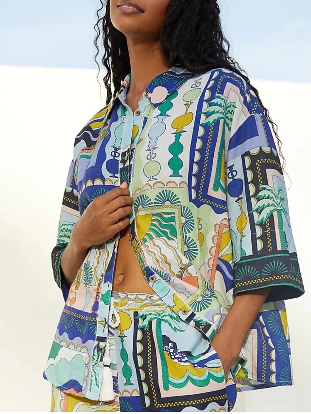 Anthropologie -Small- Short-Sleeve Printed Linen Buttondown Shirt Celandine